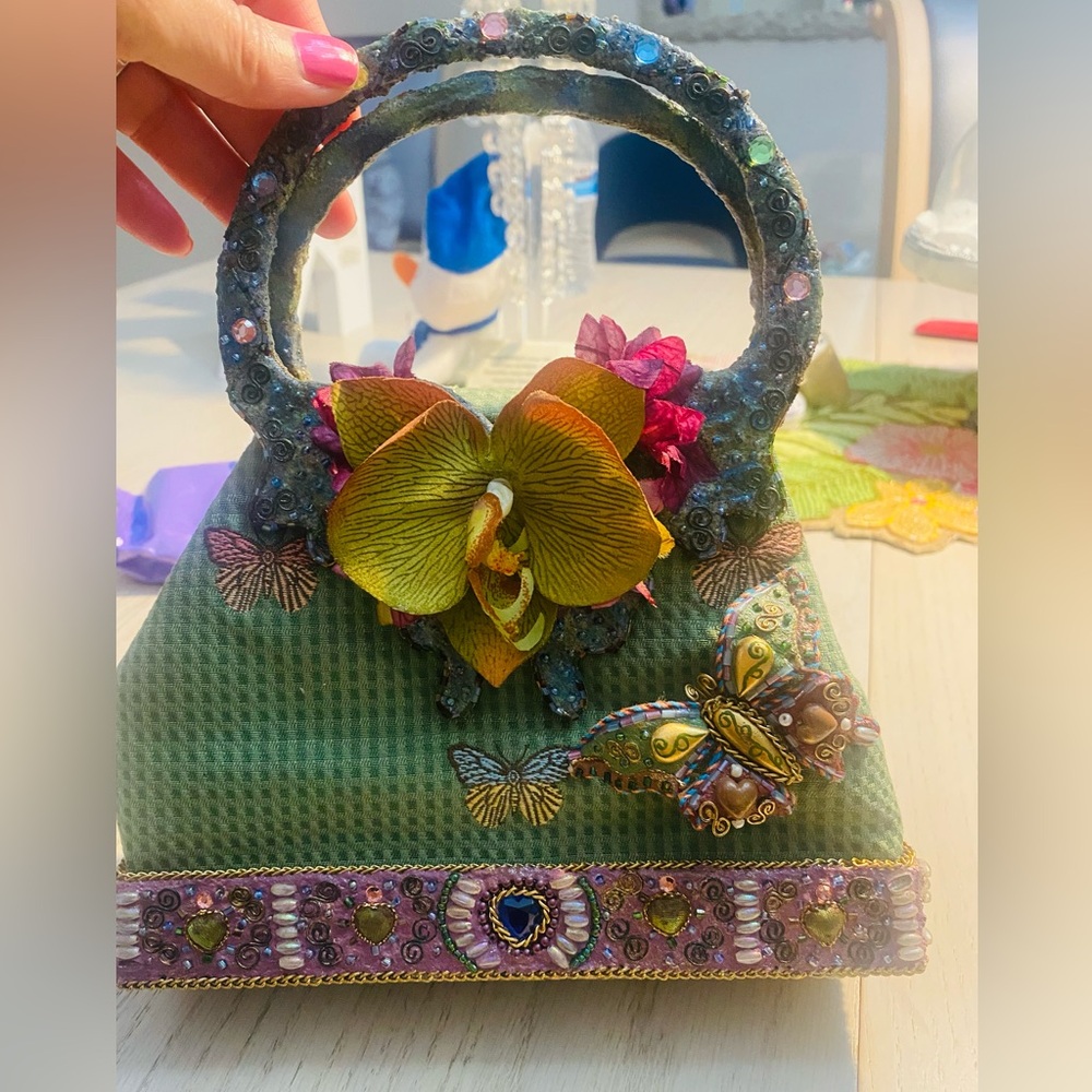 Mary Frances butterfly bag - hard bottom shell bag - purple and green